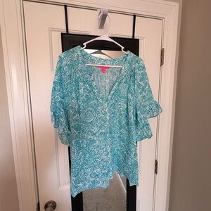 Lilly Pulitzer Linen Tayla SS Resort White Took Me By Sunrise XL EUC